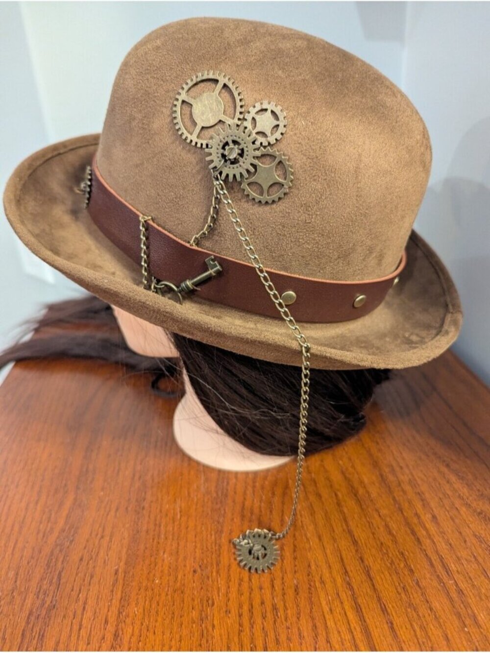 Steampunk Hat with gears Chain & Ammo, Brown bowler hat Renaissance Unisex OS